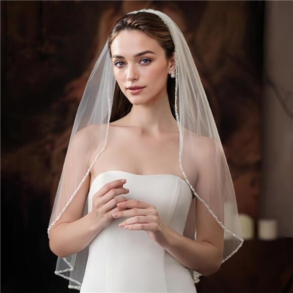 Wedding Veil Pearls and Crystals Beaded Edge 1 Tier  display picture 1